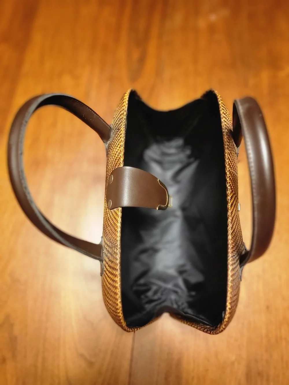 Handwoven Buri Palm NWOT Top Handle Bag • Made in Philippines • Brown Structured